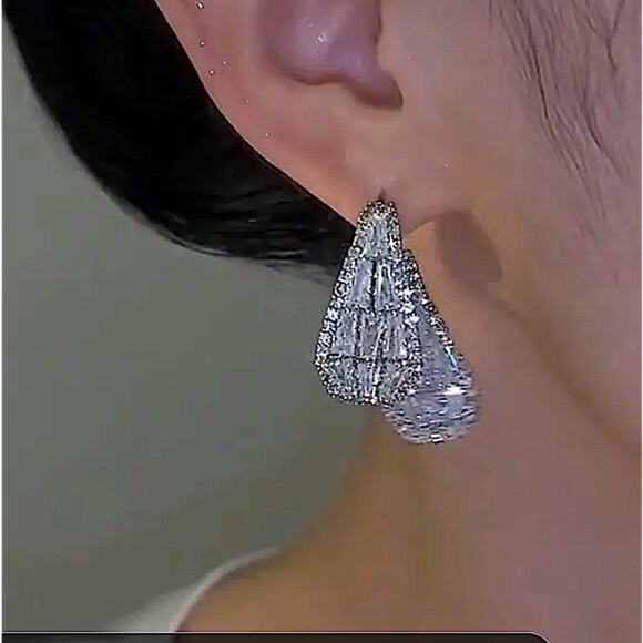 Double Edge Side Zircon Earrings, Dangle Wedding Anniversary Bridal - Picture 4 of 6